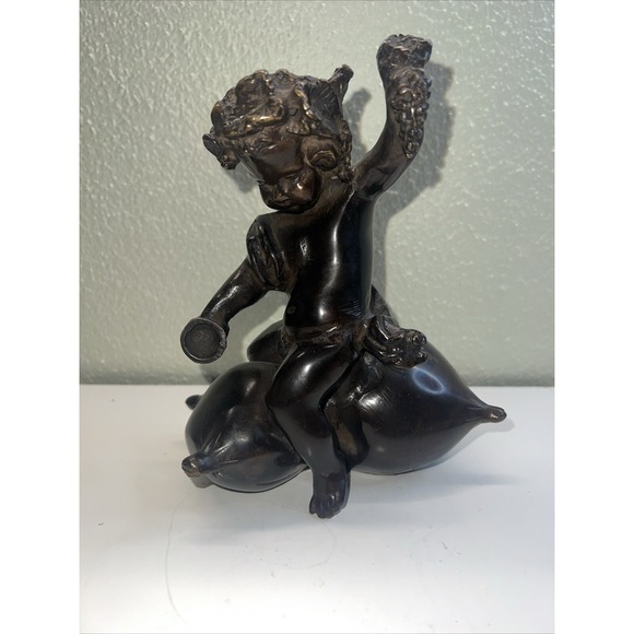 Vintage Antique Miniature Bronze‎ Bacchus Putti or Boy Harvesting Grapes Statue